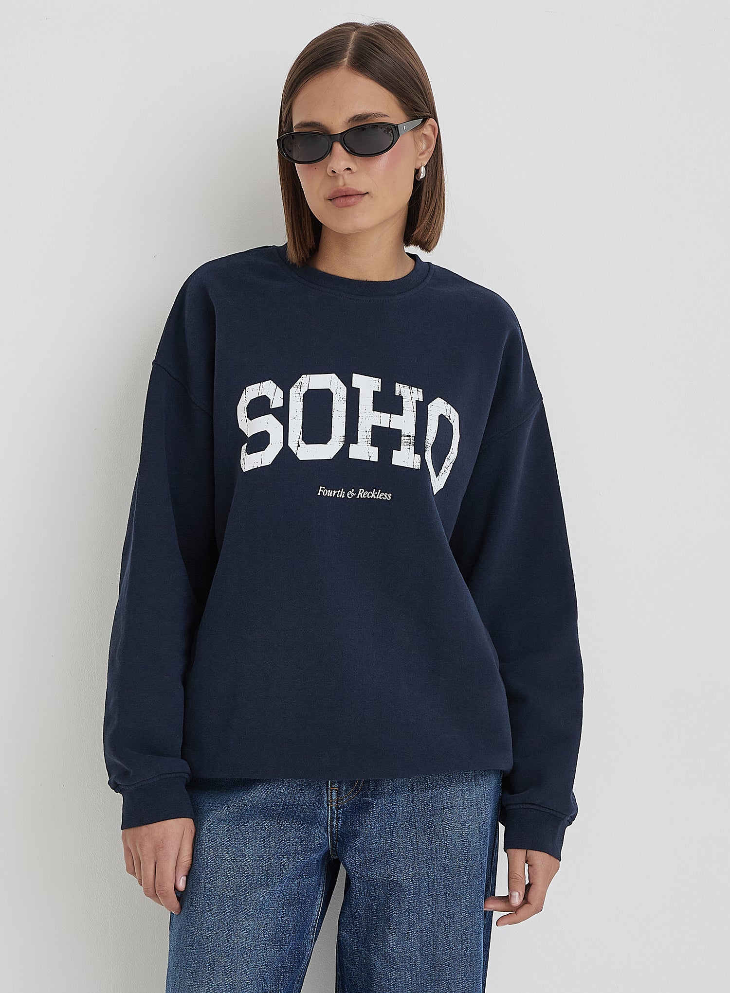 Navy Distressed Soho Slogan Classic Longline Sweatshirt